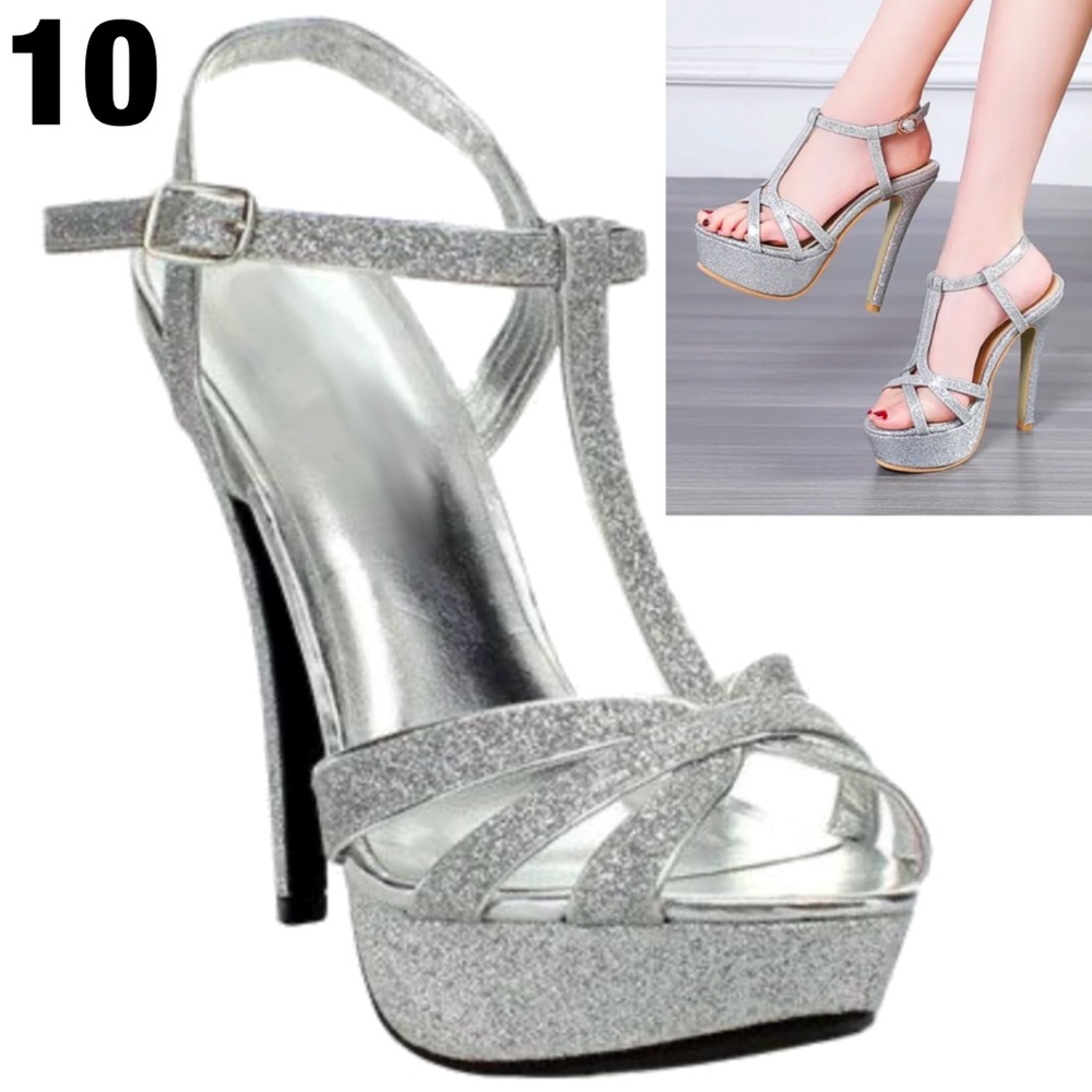 NWOT 5” Metallic Silver Shimmer Strappy Platform Heels 10